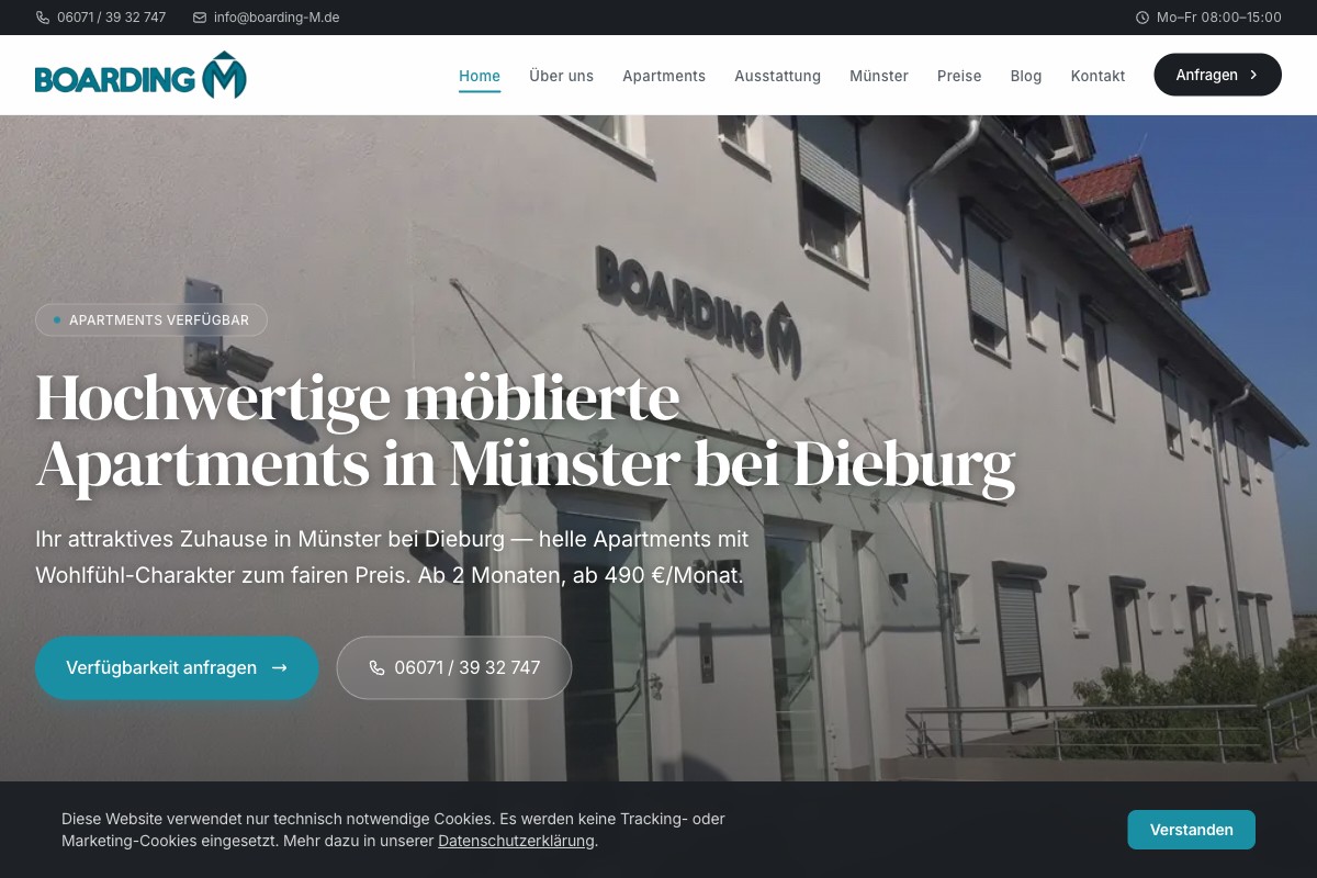 Website BOARDING M — möblierte Apartments