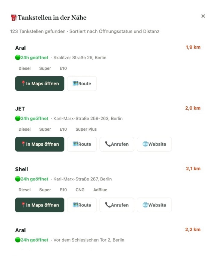 Tankstellen-Dialog mit sortierter Liste, Öffnungsstatus und Treibstoffen