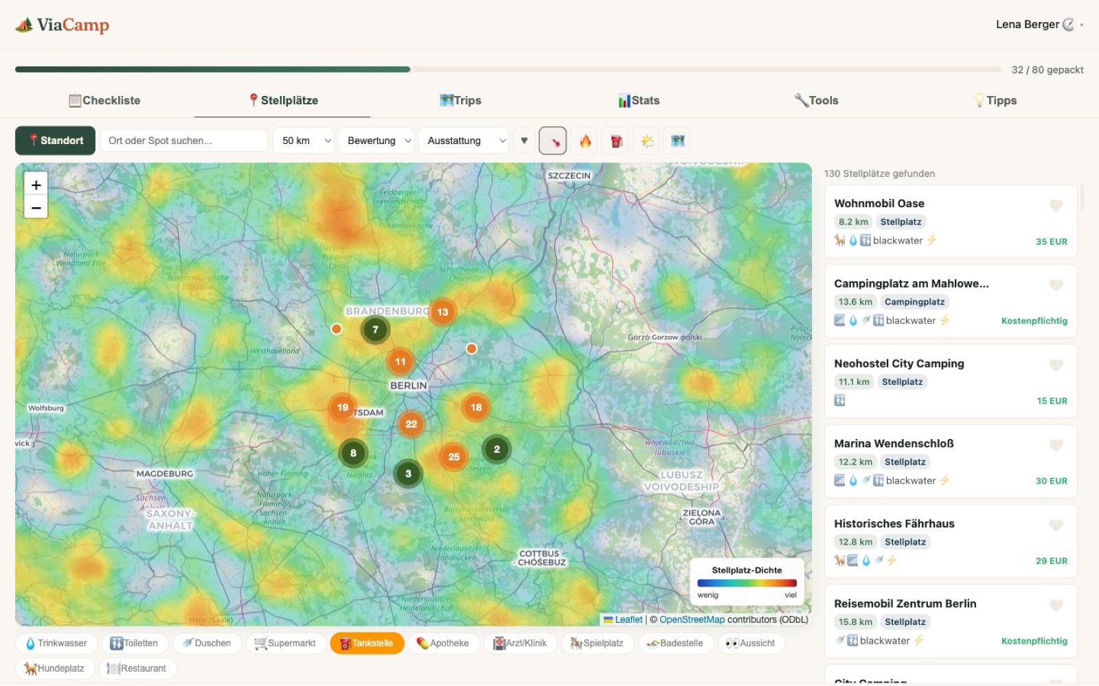 Dichte-Heatmap über Europa mit Cluster-Markern