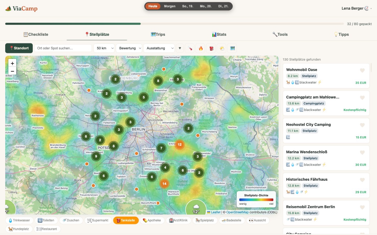 ViaCamp Karte mit Heatmap und Wetter-Badges