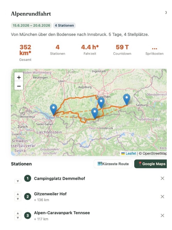 Trip-Detailansicht mit Route und sortierbaren Stationen