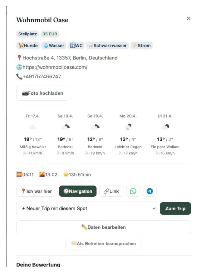 5-Tage-Wetter-Forecast im Spot-Detail mit Temperaturen, Regen, Wind und Sonnenzeiten