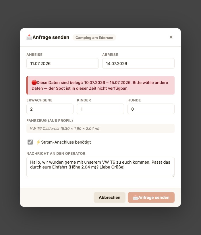 Screenshot des Anfrage-Modals mit roter Konflikt-Warnung bei belegten Daten