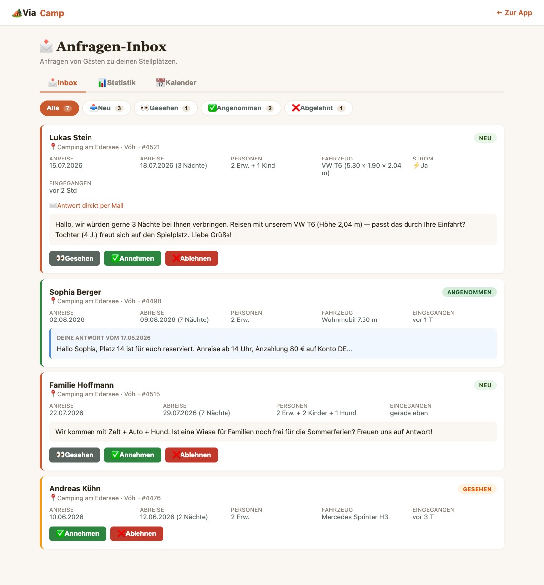 Screenshot der Anfragen-Inbox mit Karten für jede Gast-Anfrage