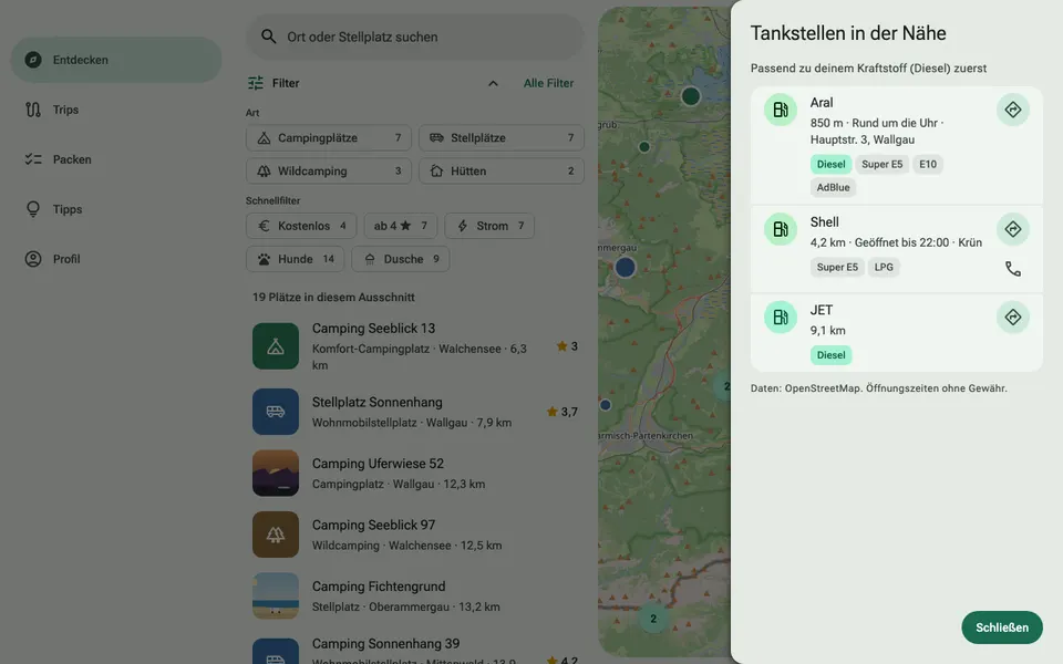 Fuel station dialog with sorted list, opening status and fuel types