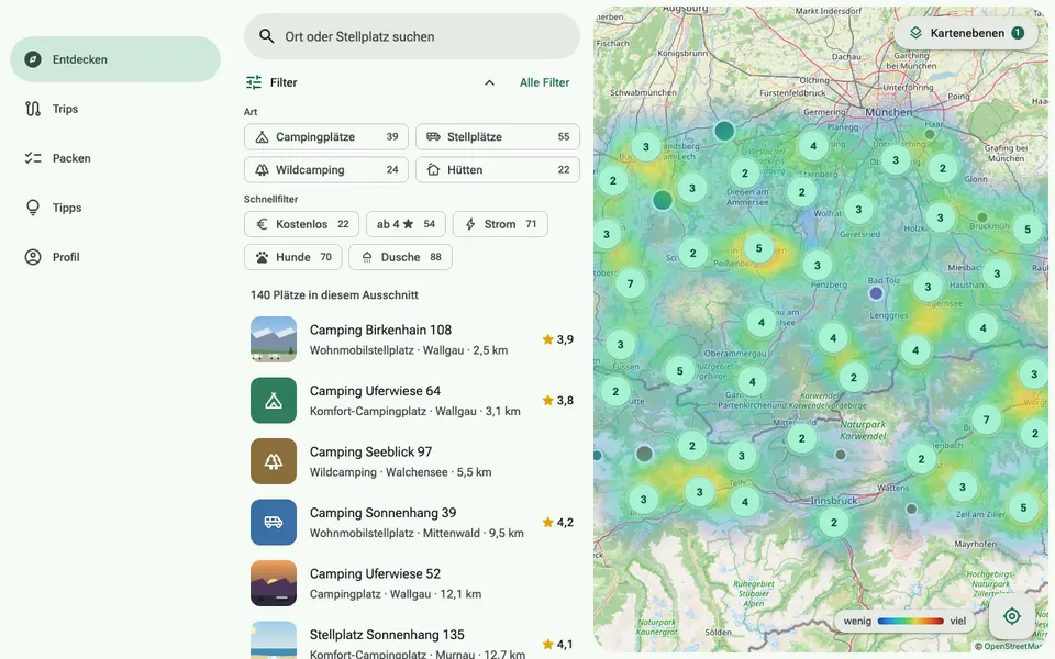 Density heatmap with cluster markers and site list