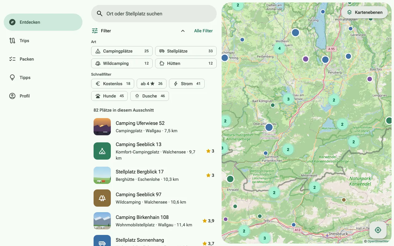 ViaCamp: map with campsites, filters and result list beside it