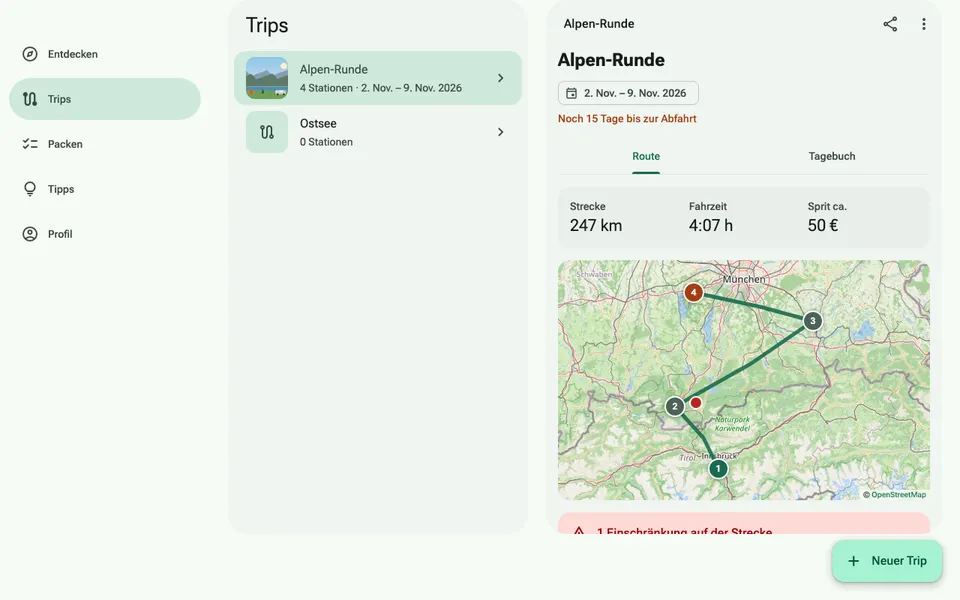 Trip with route on the map, distance, driving time and fuel cost